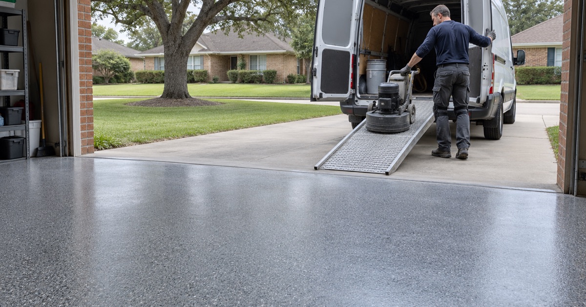 An Arlington Heights garage floor finished for the day, the installer loading the grinder into the van.