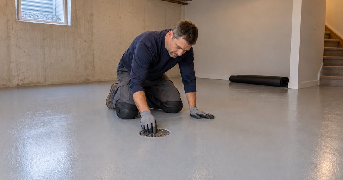 A finished light gray epoxy basement floor in Arlington Heights, coated cleanly up to the floor drain.