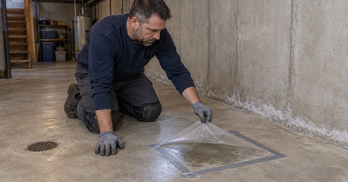 A plastic sheet moisture test taped to a basement slab in Arlington Heights, the concrete darkened underneath, efflorescence at the wall.