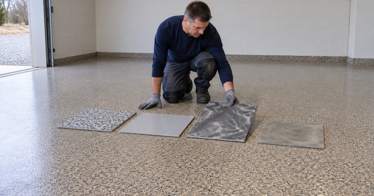 Four finish samples — flake, solid color, metallic and polished concrete — laid on a quartz floor for comparison in Arlington Heights.