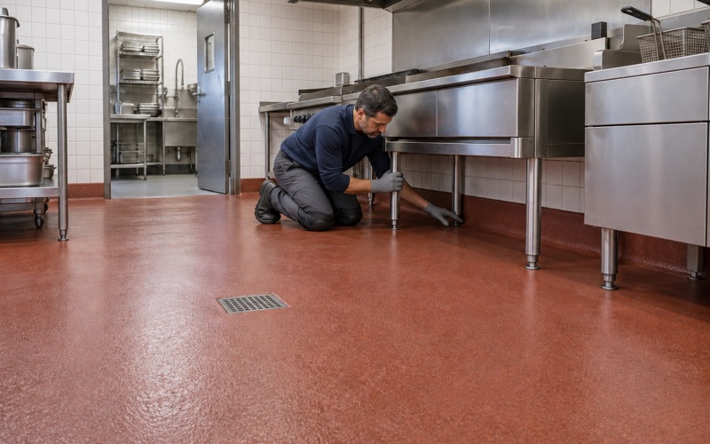 A red urethane cement kitchen floor with an integral coved base under a restaurant cook line in Arlington Heights.
