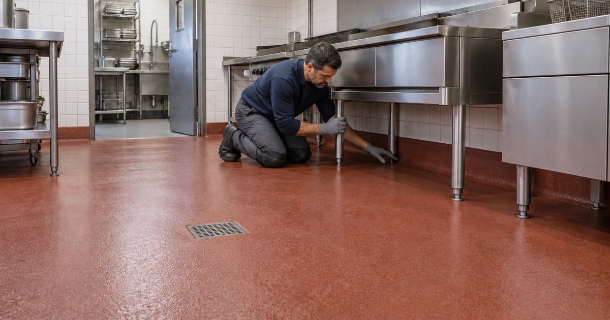 A red urethane cement kitchen floor with an integral coved base under a restaurant cook line in Arlington Heights.