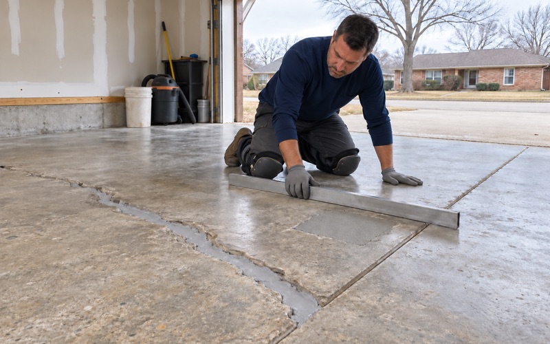 A routed and filled crack and a patched spall on an Arlington Heights garage slab, checked flush before coating.