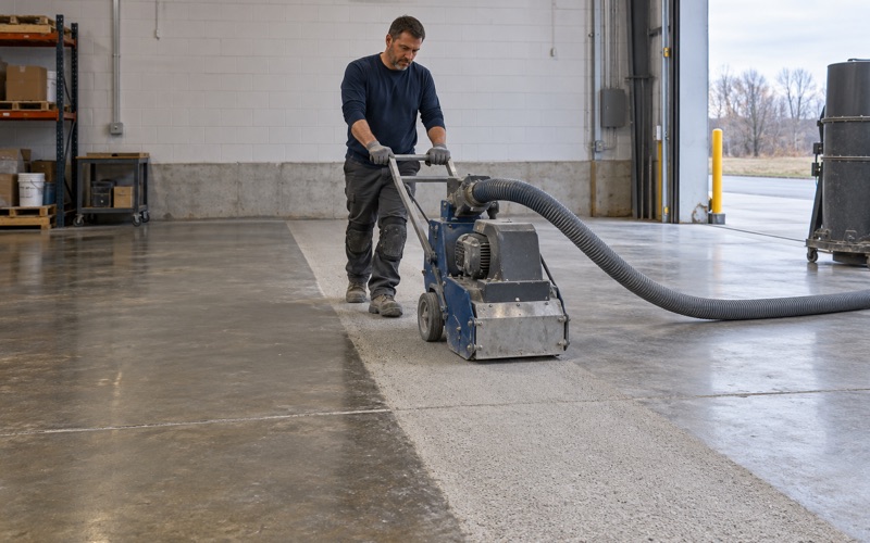 A shot blaster opening a clean profile on an Arlington Heights warehouse floor, next to the old sealed concrete.