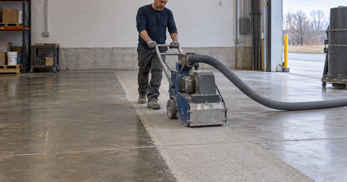 A shot blaster opening a clean profile on an Arlington Heights warehouse floor, next to the old sealed concrete.