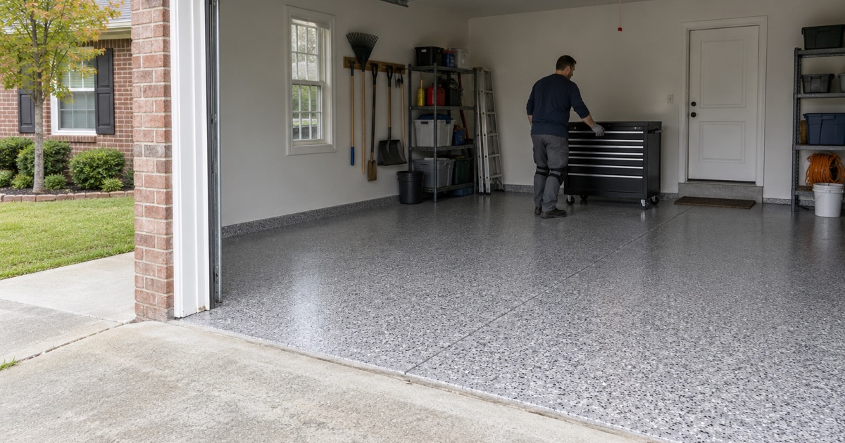 A finished gray and white flake epoxy floor in an Arlington Heights brick ranch garage, seen from the driveway with the door raised.