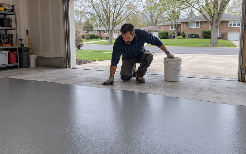 A gray epoxy base coat spread across half of a ground garage slab in an Arlington Heights split-level.
