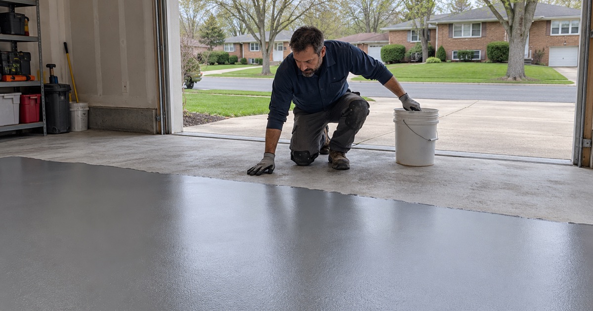 A gray epoxy base coat spread across half of a ground garage slab in an Arlington Heights split-level.