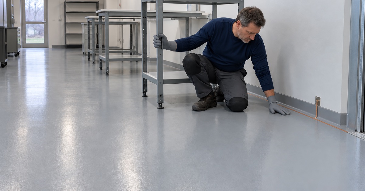 A static-dissipative gray floor under electronics assembly benches in Arlington Heights, grounded at the wall.