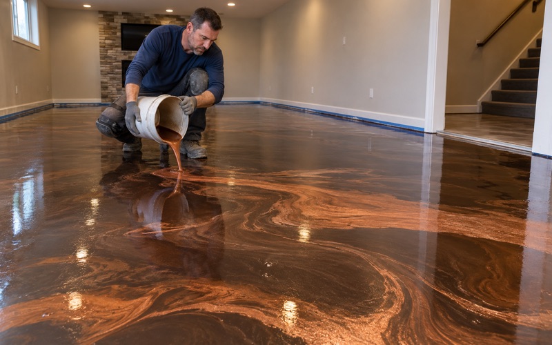 A copper and bronze metallic epoxy pour marbling across a basement family room floor in Arlington Heights.