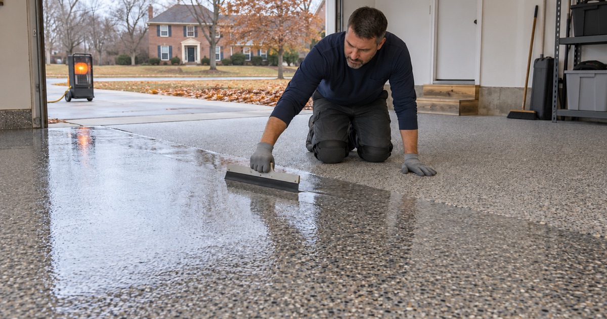 A polyaspartic topcoat pulled across a flake garage floor in Arlington Heights on a cold autumn day.