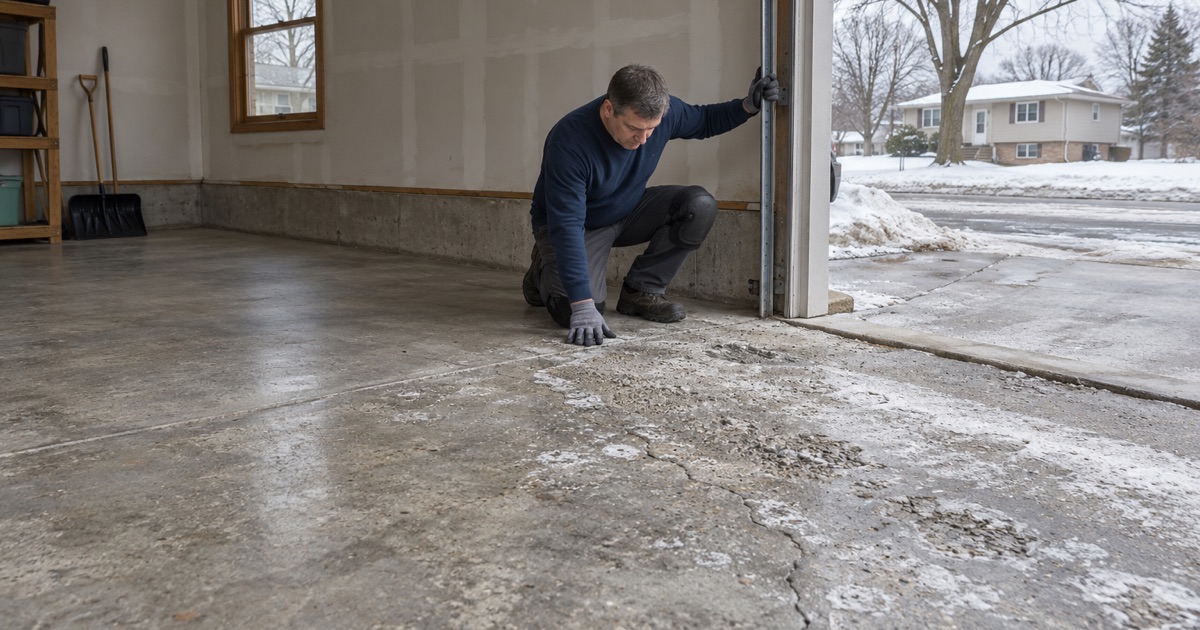 Salt-scaled bare concrete inside the door of an Arlington Heights garage, inspected before any coating is quoted.