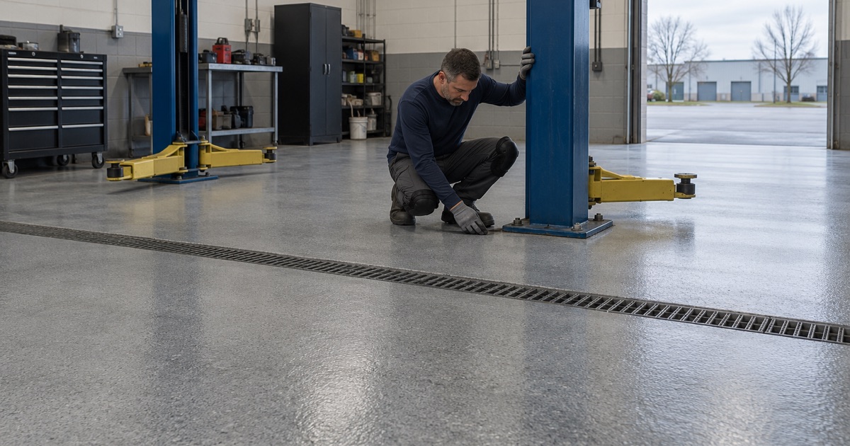 A coated service bay floor in an Arlington Heights industrial park, the coating closed tight around a vehicle lift’s base plates.